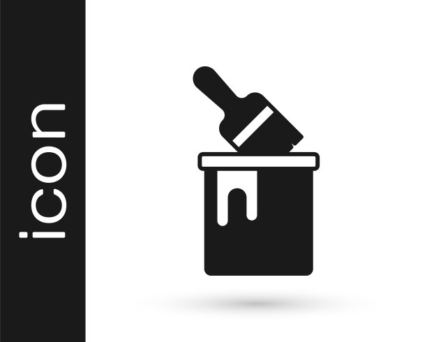 黑色油漆桶与笔刷图标隔离在白色背景。向量图片下载