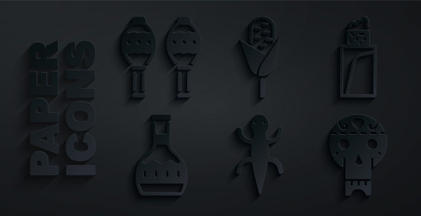 设置蜥蜴，墨西哥卷饼，龙舌兰瓶，墨西哥头骨，玉米和马拉加斯图标。向量图片下载