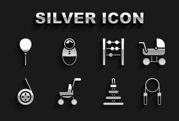 集婴儿推车，跳绳，金字塔玩具，溜溜球，算盘，气球带和不倒客娃娃图标。向量图片下载