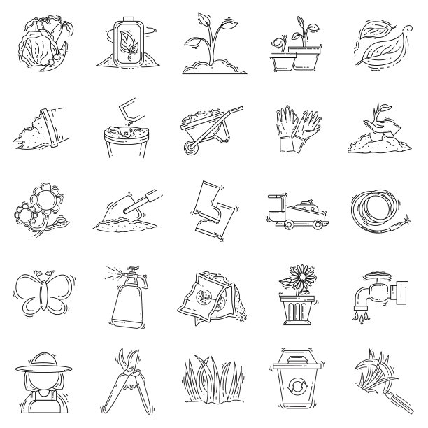 园艺手绘图标集轮廓黑色图片下载