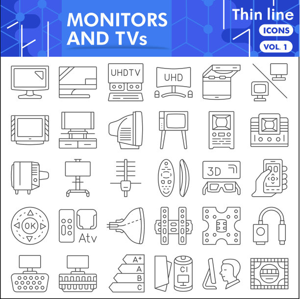 监视器和电视线图标设置电视配件图片下载