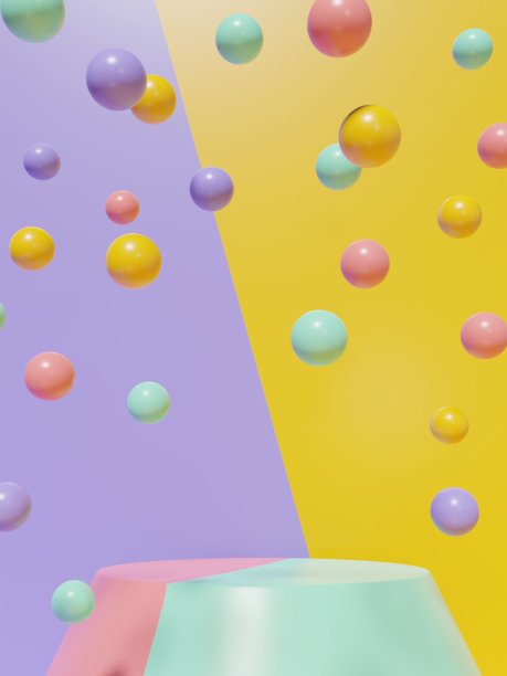 三维渲染多颜色产品展示背景与平台和浮动球体周年庆典或派对活动。紫色，黄色，粉红色和蓝绿色。图片下载