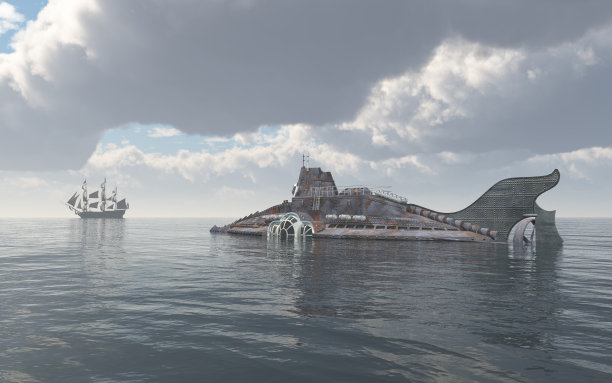 幻想潜艇和帆船在公海上图片下载