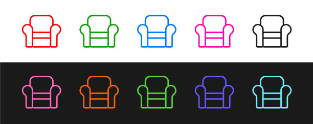 设置线扶手椅图标孤立在黑色和白色图片下载