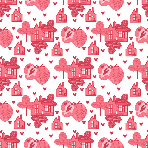 矢量无缝模式与房屋的图像，浆果和草莓叶子图片下载