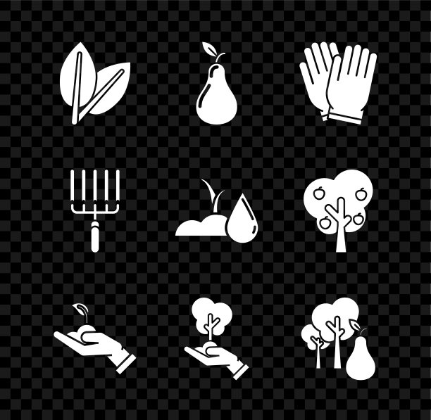 集树叶、梨子、花园手套、环保芽在手中，树，用梨子、耙子和浇灌芽的图标。向量图片下载