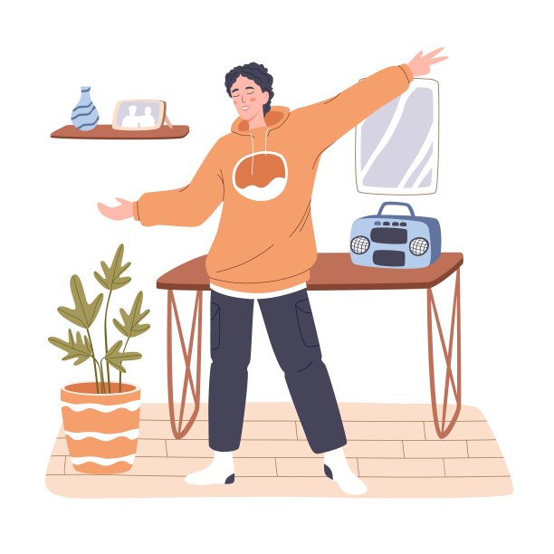 年轻放松的人在家里用复古录音机听音乐。快乐的人独自休息，唱歌，跳舞。平面矢量插图孤立在白色背景图片下载