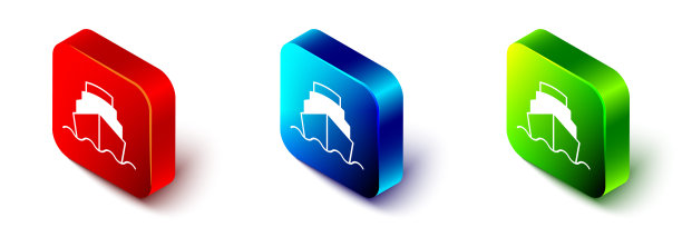 等距巡航船在海洋图标孤立在白色背景。巡航。红、蓝、绿方形按钮。向量图片下载