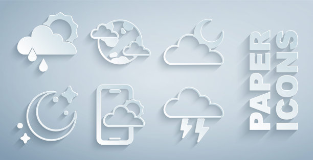 设置天气预报，云与月亮，月亮和星星，风暴，地球行星云和雨太阳图标。向量图片下载