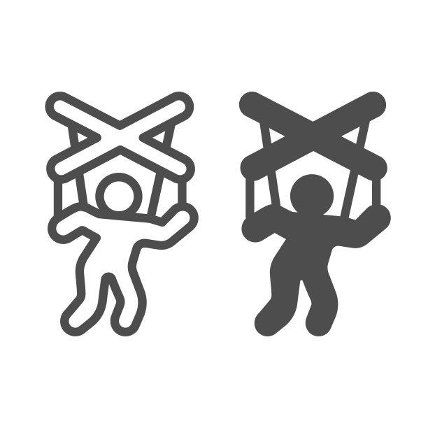 牵线木偶，人的牵线木偶在弦，假线和固体图标，剧场概念，男人牵线木偶矢量标志在白色背景，轮廓风格图标的移动概念和网页设计。矢量图形。图片下载
