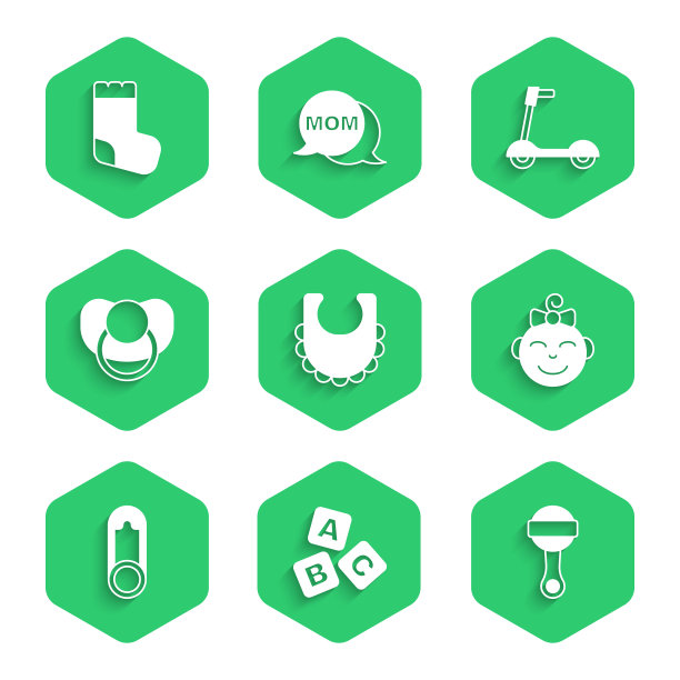 设置婴儿围嘴，ABC积木，拨浪鼓婴儿玩具，小女孩的头，衣服别针，奶嘴，滑板车和袜子图标。向量图片下载