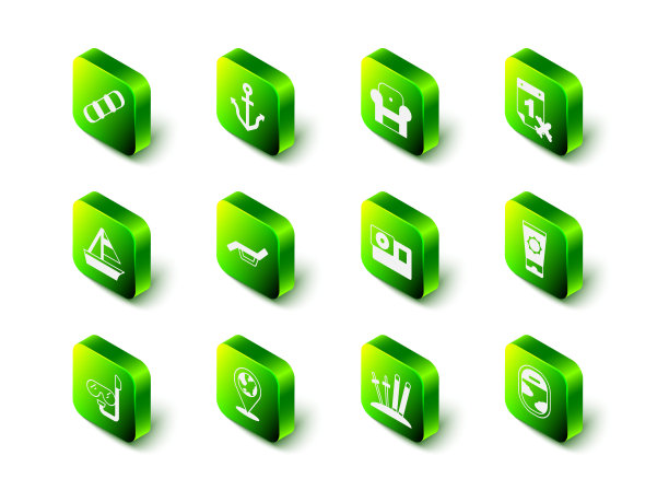 设置锚，扶手椅，日历和飞机，防晒霜管，飞机窗口，行动相机，滑雪棒和定位地球图标。向量图片下载