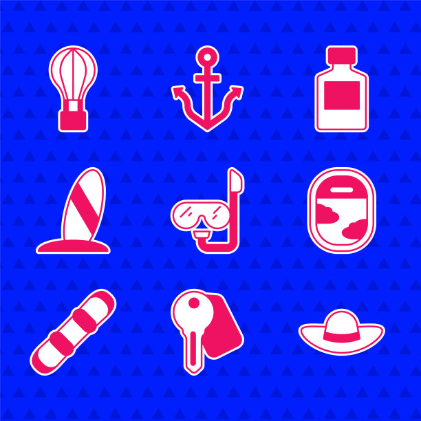 集潜水面具和通气管，酒店门锁钥匙，优雅女士帽，飞机窗户，滑雪板，冲浪板，威士忌酒瓶和气球图标。向量图片下载