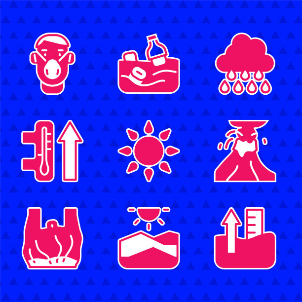 日落，干旱，水位上升，火山喷发熔岩，说到塑料袋海报，全球变暖，云雨和脸保护面具图标。向量图片下载