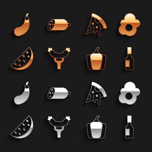 叉子上放香肠，炒鸡蛋，塔巴斯科辣酱，甜椒，西瓜，披萨片，茄子和腊肠图标。向量图片下载