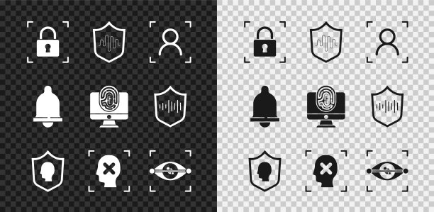 设置指纹锁，屏蔽语音识别，人脸，用户保护，拒绝人脸，眼睛扫描，运动传感器和监控指纹图标。向量图片下载