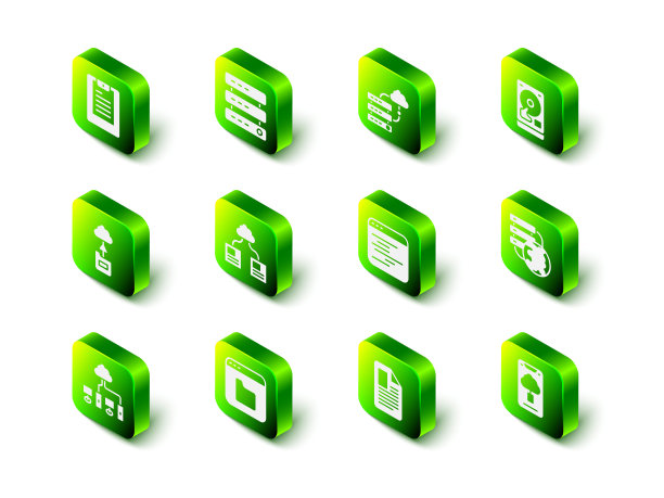 设置服务器，数据，Web主机，网络云连接，硬盘驱动器，云技术数据传输，软件，文件文件和浏览器文件图标。向量图片下载