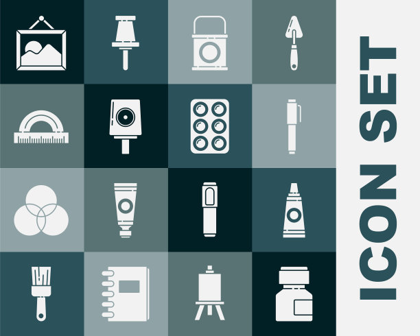 设置颜料，水粉，罐子，染料，管调色板，笔，桶，喷雾罐喷嘴盖，量角器，画风景和水彩颜料盒图标。向量图片下载