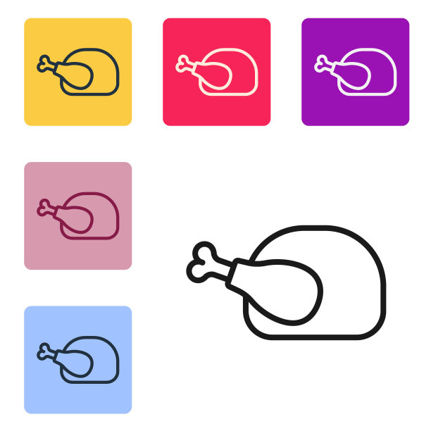 黑色线烤火鸡或鸡图标孤立在白色的背景。在彩色方形按钮中设置图标。向量图片下载