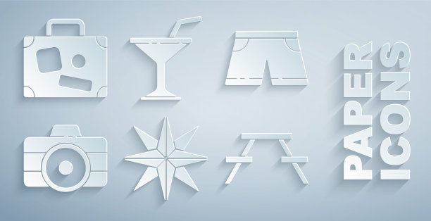 集风玫瑰，游泳裤，相机，野餐桌子与长凳，马丁尼玻璃和手提箱图标。向量图片下载