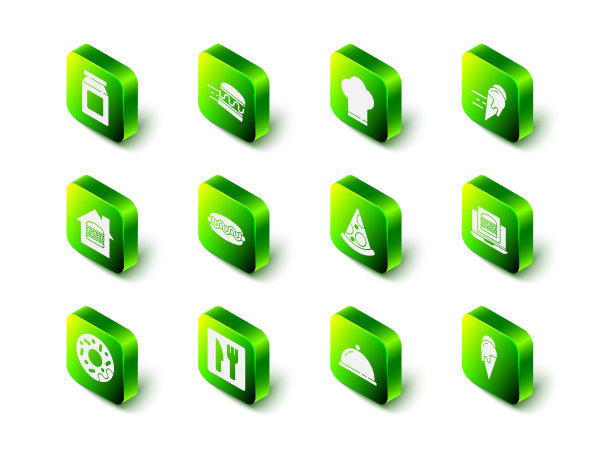 设置在线订购汉堡送货，厨师帽，冰淇淋，冰，披萨片，覆盖托盘食物和咖啡馆和餐厅位置图标。向量图片下载