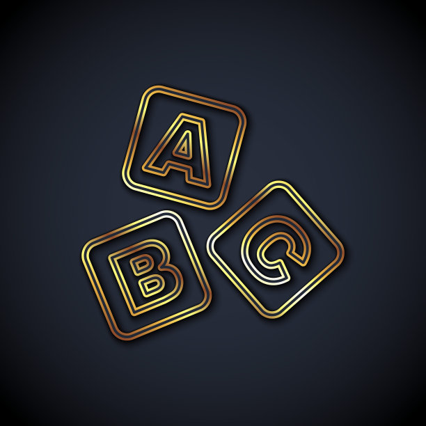 黄金线ABC块图标隔离在黑色背景。字母A,B,C的立方体。向量图片下载