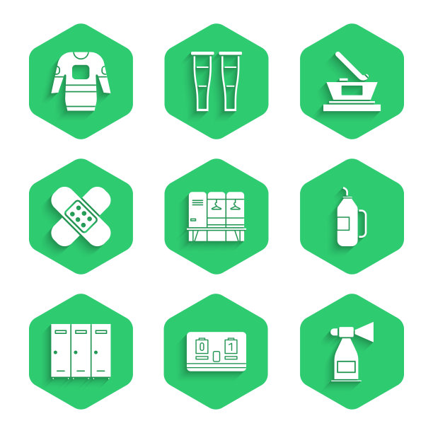 设置更衣室，曲棍球机械记分牌，空气喇叭，健身摇床，交叉绷带石膏，冰球杯冠军和球衣图标。向量图片下载