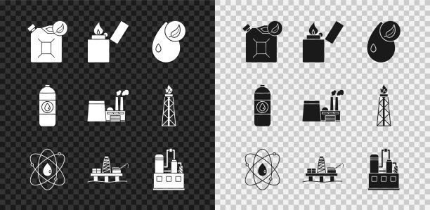集生物燃料罐、打火机、原子、海上石油平台、工业厂房、汽缸马达、机油及图标。向量图片下载