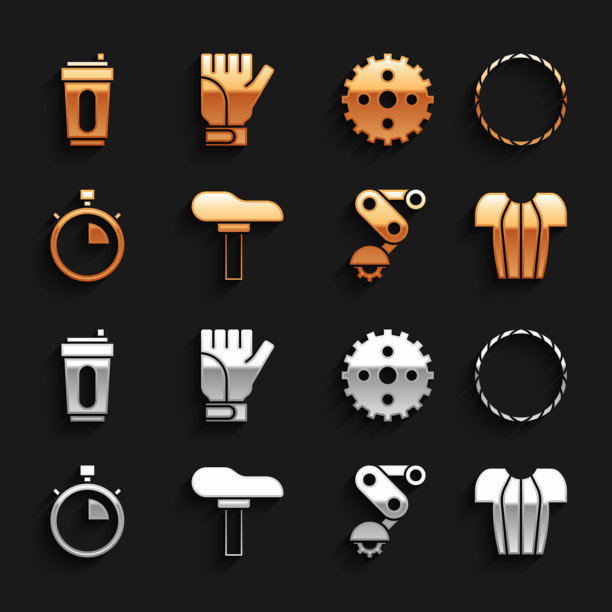 设置自行车座，车轮，自行车t恤，Derailleur自行车后，秒表，链轮曲柄，运动水瓶与水和手套图标。向量图片下载