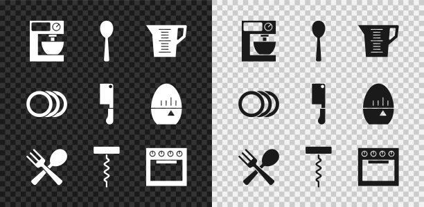 设置电动搅拌机，勺子，量杯，交叉叉子和勺子，葡萄酒开瓶器，烤箱，盘子和切肉机图标。向量图片下载