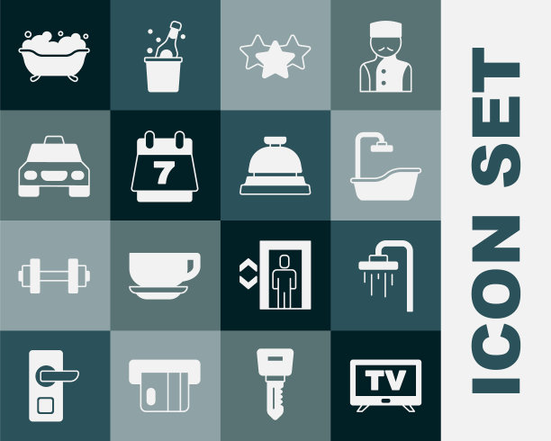 设置智能电视，淋浴，浴缸，星级评级，酒店预订日历，出租车，和服务钟图标。向量图片下载