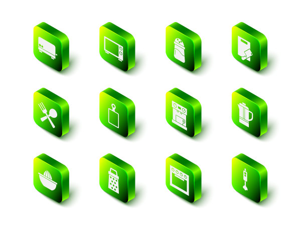 设置微波炉，盐，砧板和肉菜刀，茶壶，搅拌机，咖啡机，烤箱和Grater图标。向量图片下载