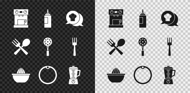设置咖啡机，酱瓶，厨师帽演讲泡沫，柑橘果汁机，砧板，搅拌机，交叉叉，勺子和抹刀图标。向量图片下载