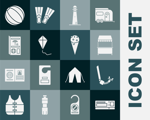 集旅游门票，斯诺克尔，有遮阳篷的街道摊位，灯塔，风筝，小册子，海滩球和冰淇淋华夫饼图标。向量图片下载