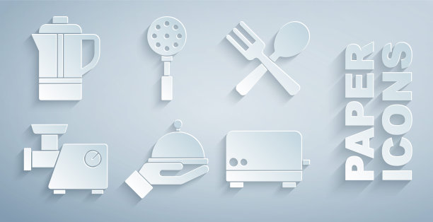 设置覆盖托盘，交叉叉和勺子，厨房绞肉机，烤面包机，铲子和茶壶图标。向量图片下载