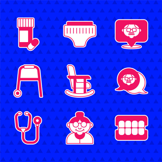 设置摇椅，祖母，假下巴，祖父，听诊器，沃克，药瓶药丸图标。向量图片下载