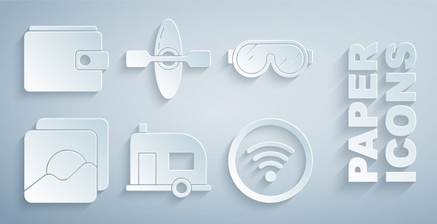 设置房车露营拖车，滑雪护目镜，照片，Wi-Fi无线互联网网络，皮划艇和钱包图标。向量图片下载