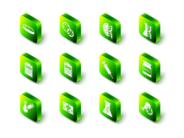 集合转基因，转基因橙，DNA研究，搜索，转基因鸡，注射器，试管和烧瓶和工程改造图标。向量图片下载