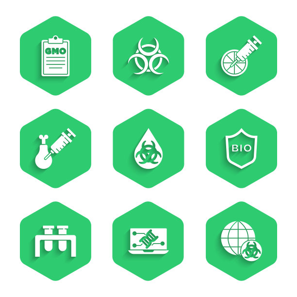 集转基因、基因工程改造、生物健康食品盾牌、试管及烧瓶、转基因研究鸡、转基因橙及图标。向量图片下载