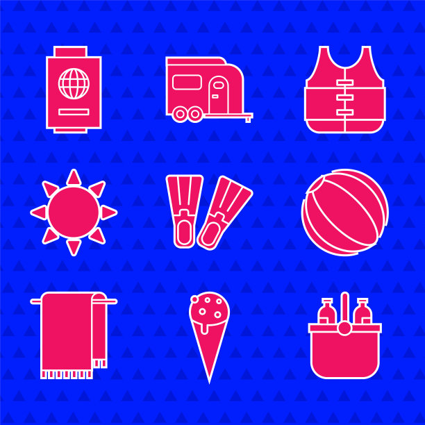 设置橡胶脚蹼，华夫筒冰淇淋，冷却袋和水，沙滩球，毛巾衣架，太阳，救生衣和护照与机票图标。向量图片下载