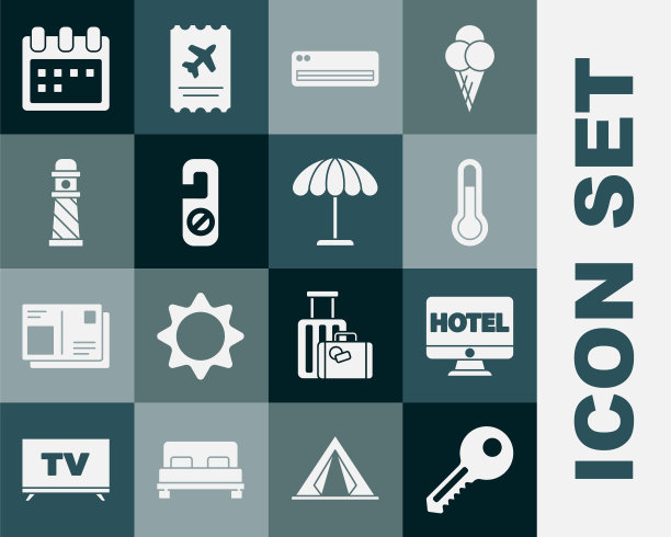 设置钥匙，在线预订酒店，气象温度计，空调，请勿打扰，灯塔，日历，沙滩遮阳伞图标。向量图片下载