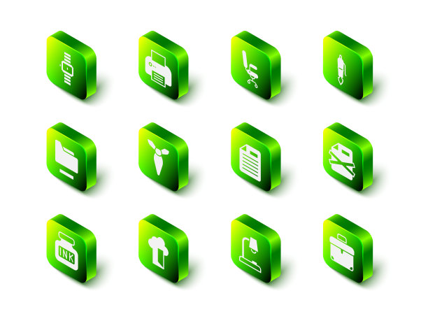 设置打印机，办公椅，钢笔笔尖，删除文件文件，公文包，文件，台灯和云数据库图标。向量图片下载