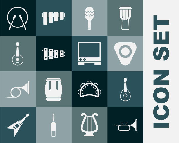 设置小号，吉他，挑选，沙球，木琴，班卓琴，鼓和鼓棒和语音助理图标。向量图片下载