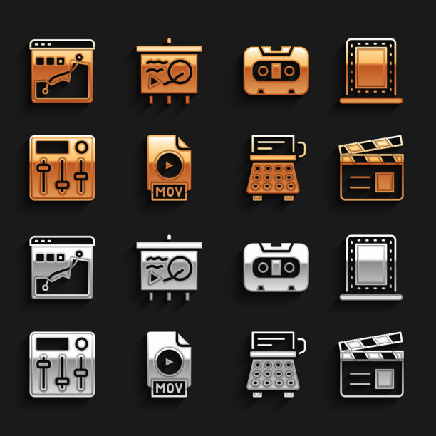 设置MOV文件文件，化妆镜与灯，电影拍板，复古打字机，混音控制器，录音带，直方图图形摄影和场景黑板图标。向量图片下载