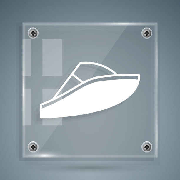 白色快艇图标孤立在灰色背景。方形玻璃面板。向量图片下载