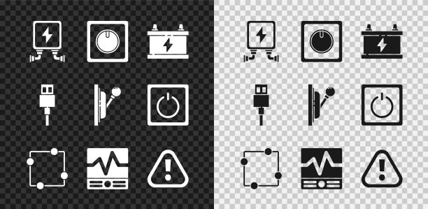 设置变压器、电灯开关、汽车电池、电路方案、电气测量仪器、感叹号三角形、USB线和面板图标。向量图片下载