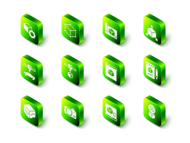 设置等距立方体，工程制图纸，素描，3D打印机，和照片相机图标。向量图片下载