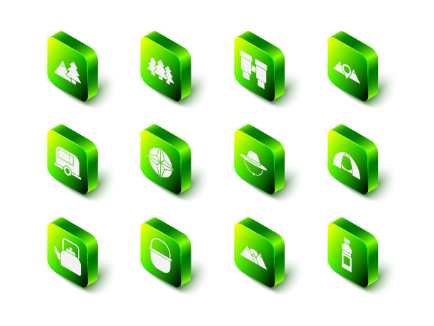 集森林，望远镜，位置山，旅游帐篷，水瓶，野营帽，山和壶图标。向量图片下载