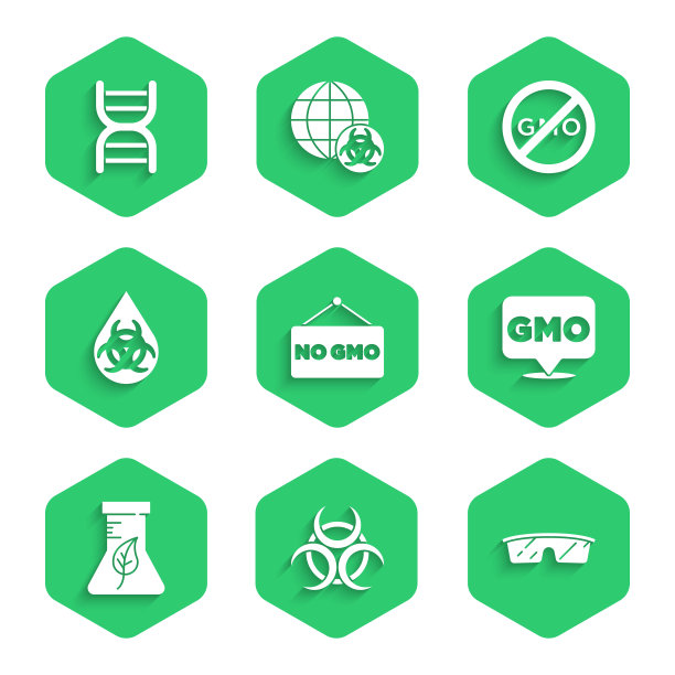 设置无转基因，生物危害标志，实验室眼镜，试管和烧瓶，DNA图标。向量图片下载