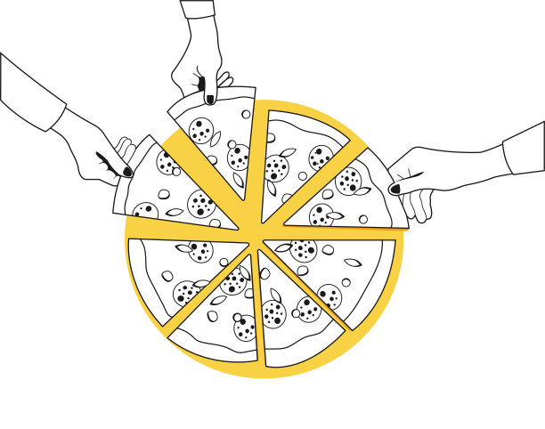 用不同的块和手做披萨。对于广告,盒子。向量图片下载